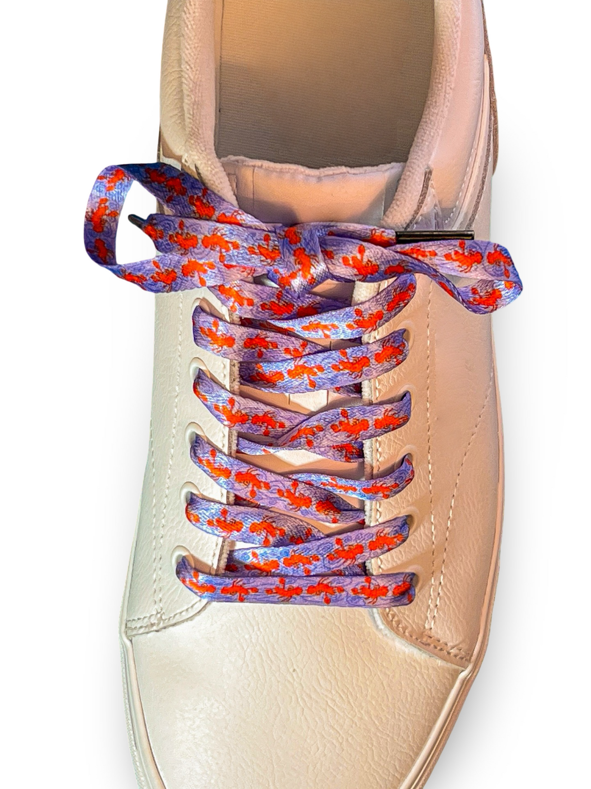 Beige sneaker with colorful and fun lobster shoelaces on a white background