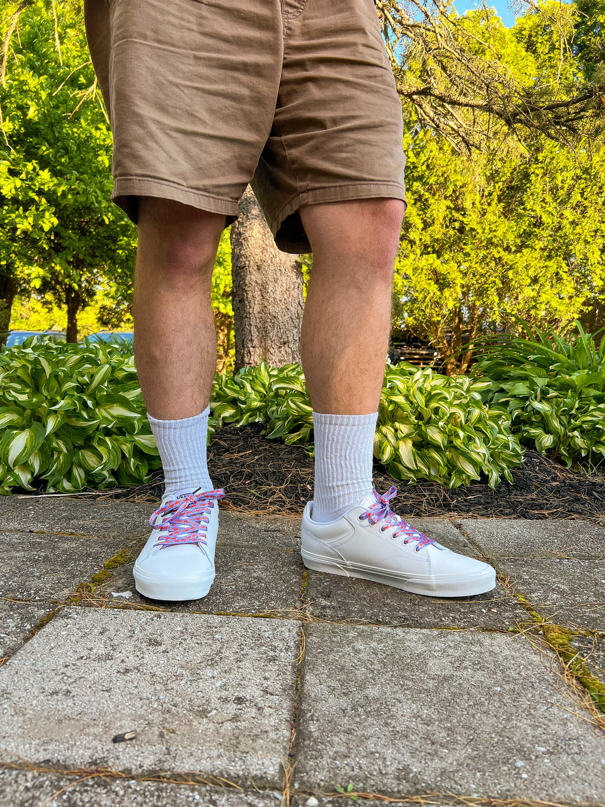 Person wearing white sneakers with colorful and fun lobster shoelaces, beige shorts, and white socks standing on a paved path with greenery in the background.