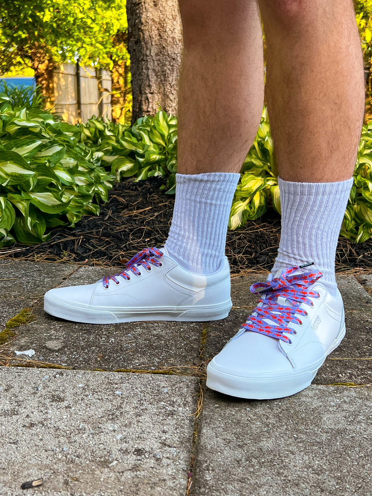 White sneakers with colorful and fun lobster shoelaces worn on a concrete surface with greenery in the background