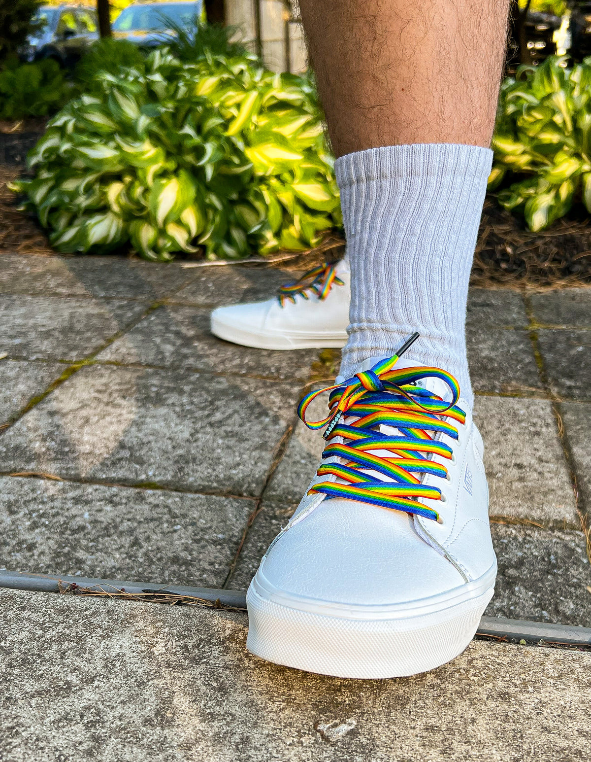 White sneakers with rainbow laces on a stone pavement with green plants in the background