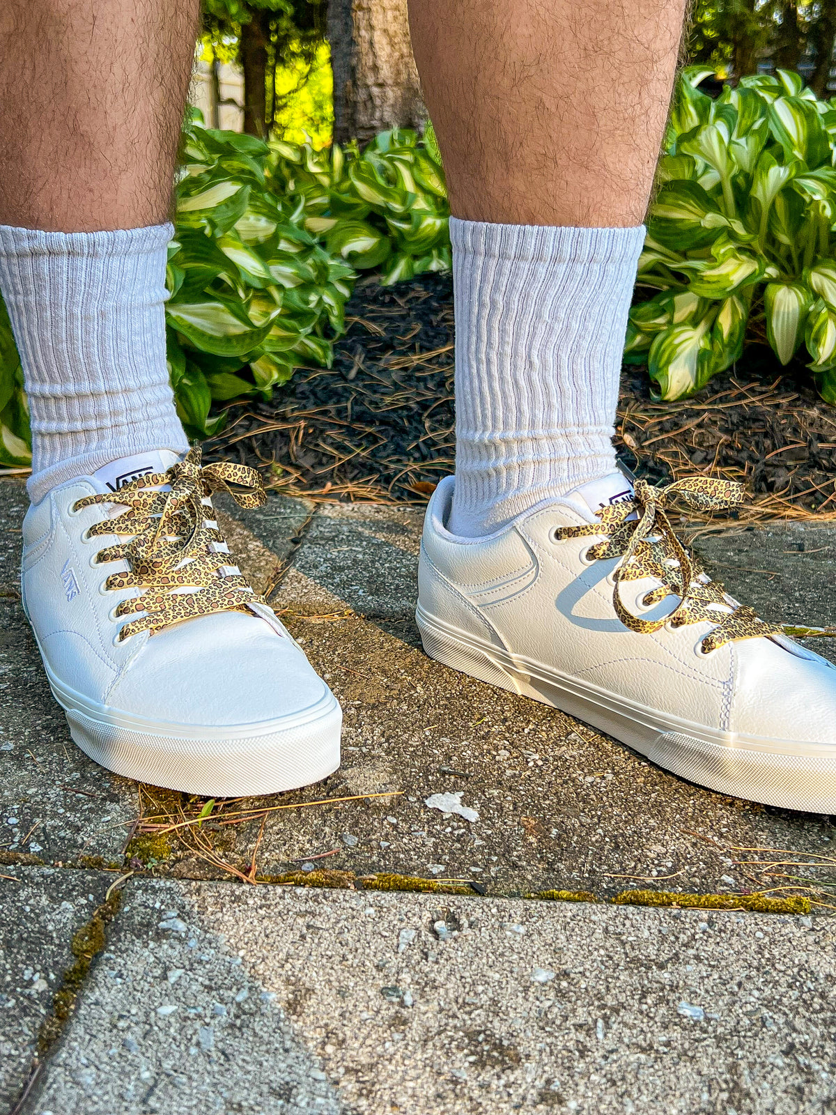 White sneakers with  leopard print shoelaces worn on a concrete surface with greenery in the background