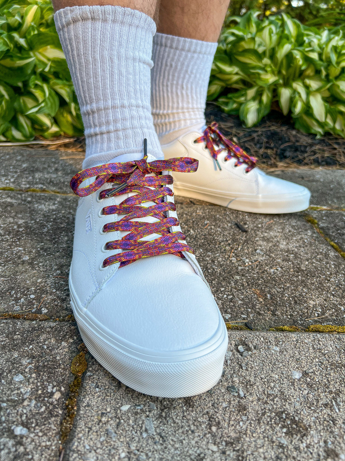 White sneakers with colorful laces worn on a stone surface with green plants in the background