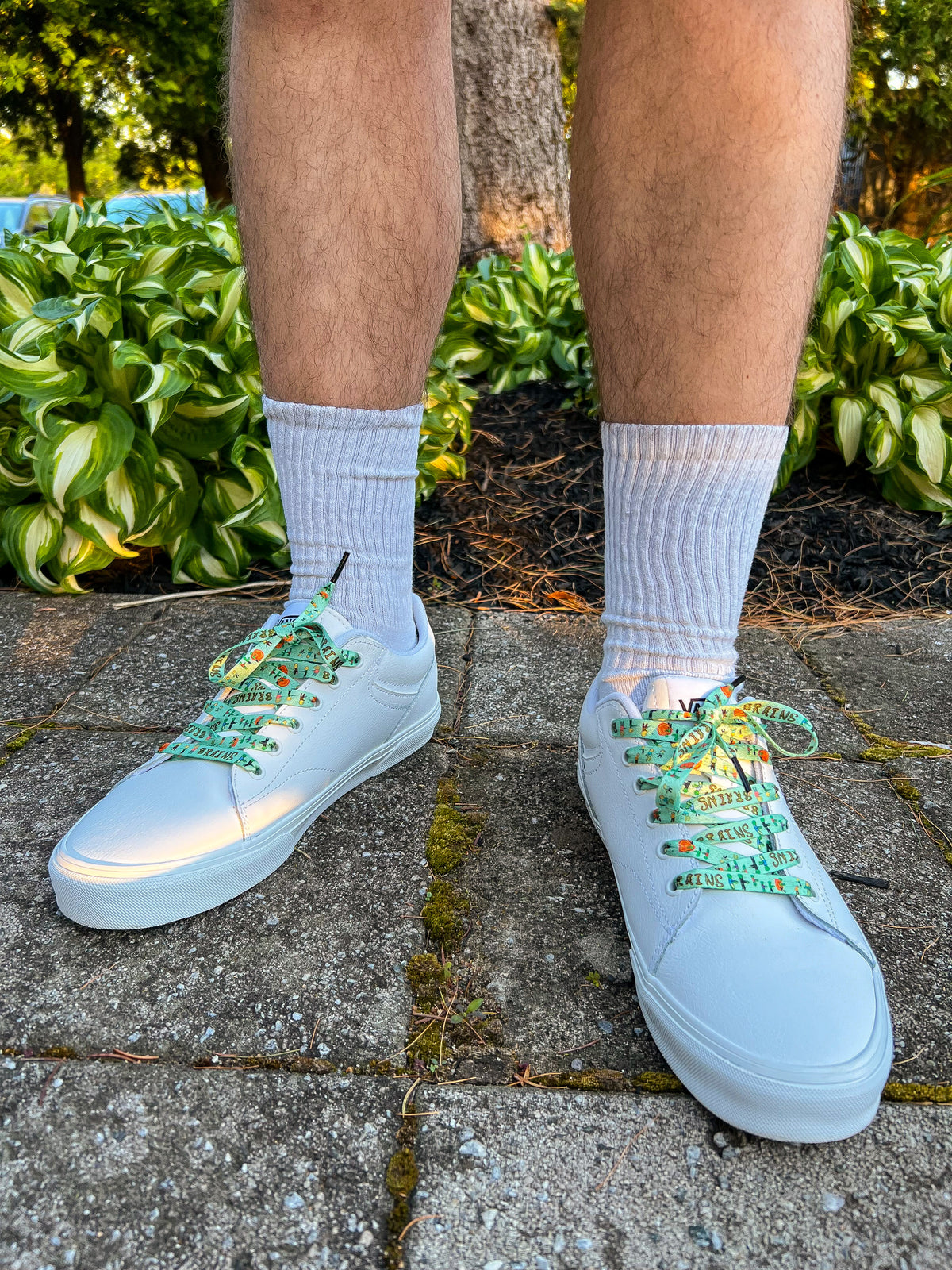 White sneakers with zombie themed laces worn by a person on a stone path with plants in the background