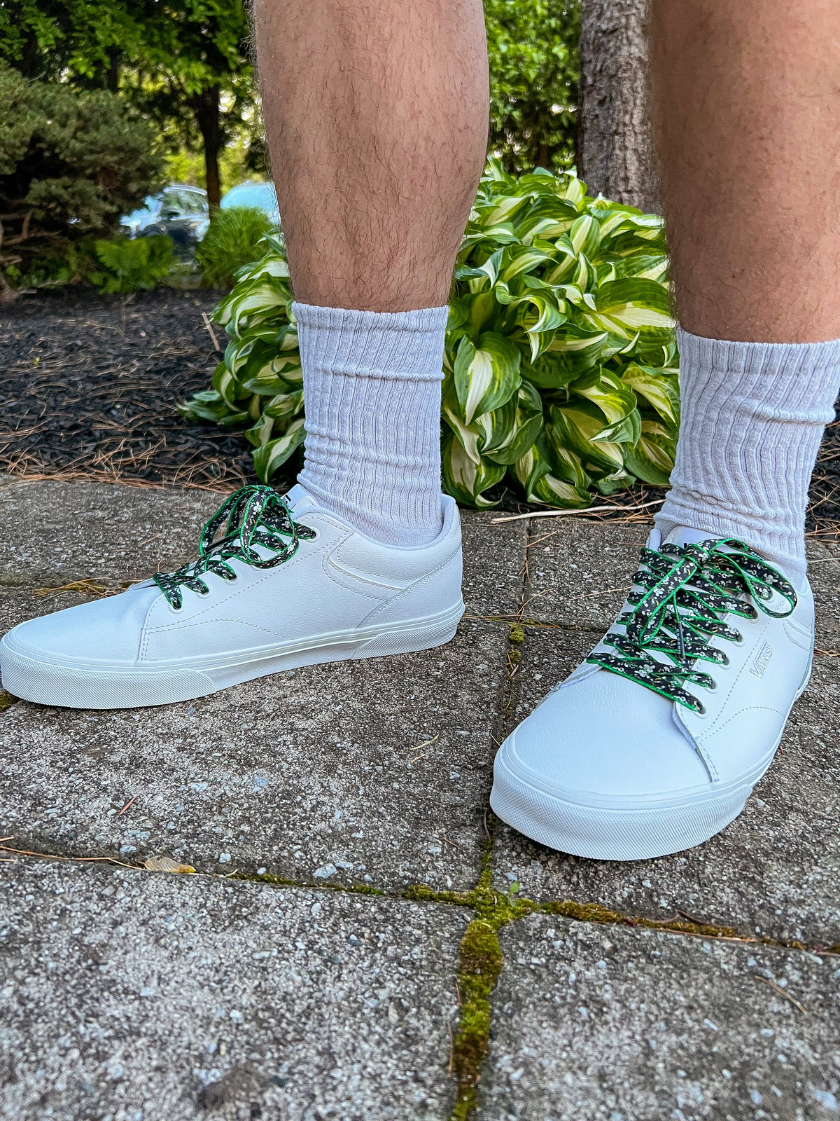 White sneakers with cow shoelaces worn on a concrete surface with plants in the background