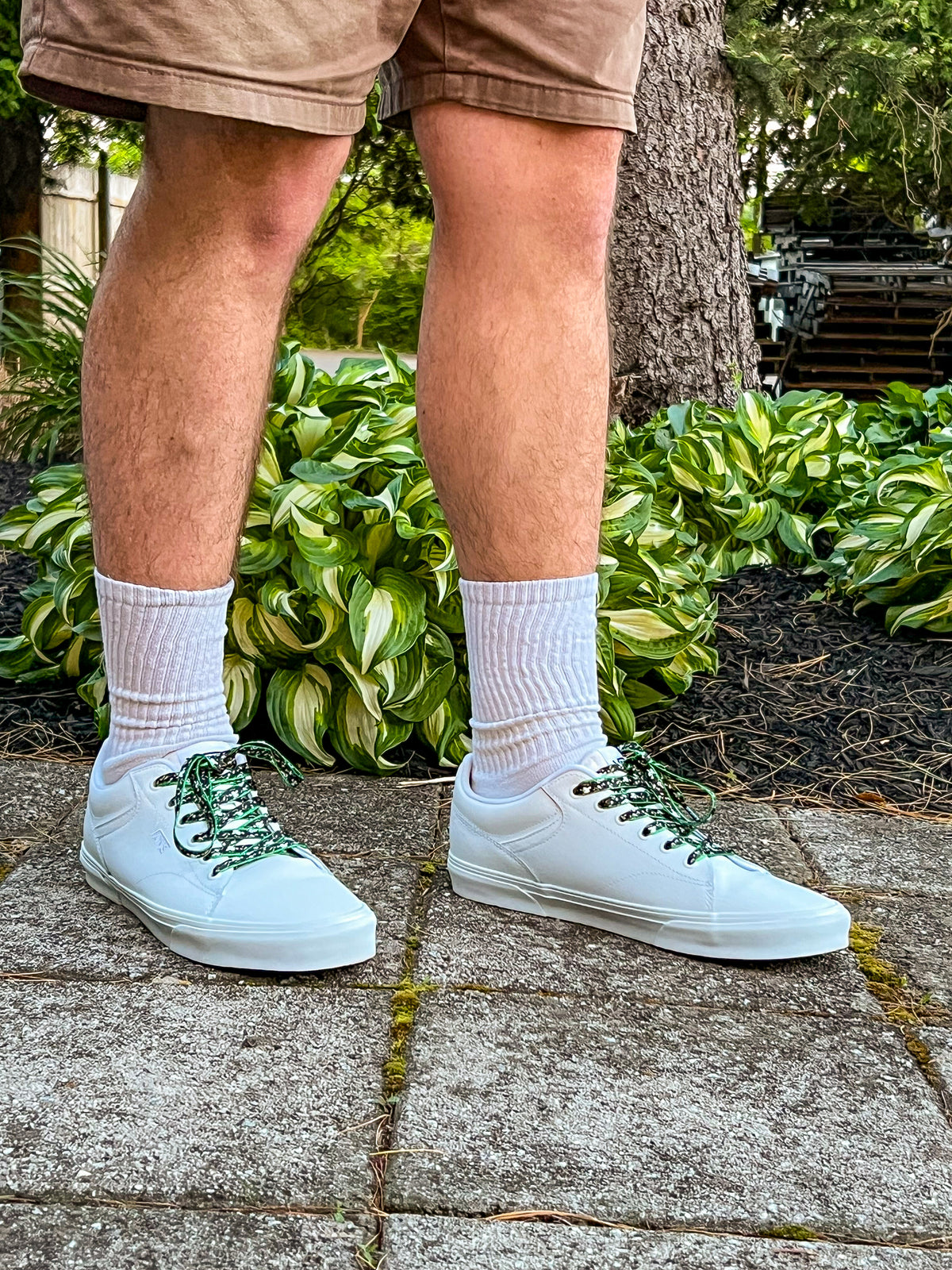 Person wearing white sneakers with cow shoelaces on a stone path with plants in the background