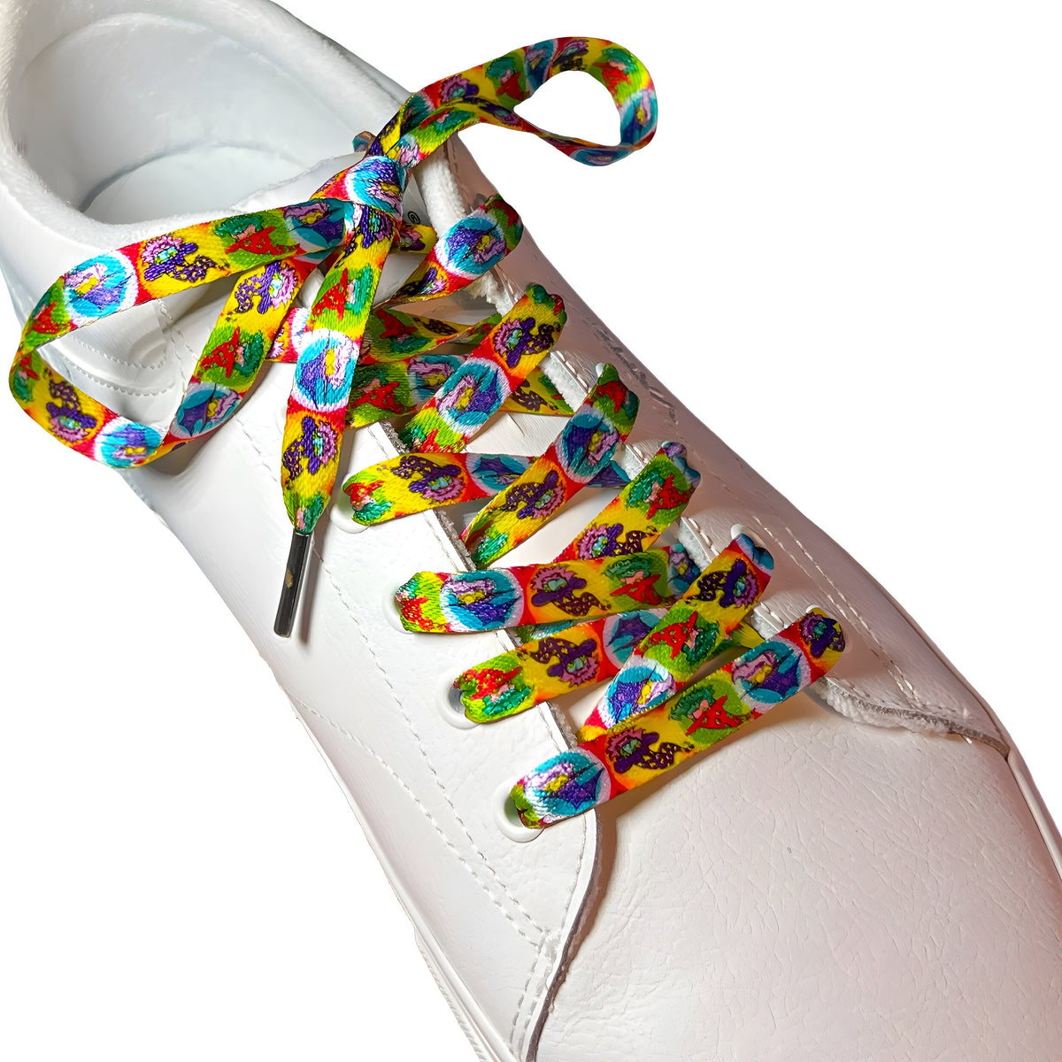Colorful shoelaces with wizards tied around a white shoe on a white background