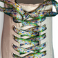 Colorful floral-patterned shoelaces on a white sneaker