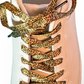 Leopard print shoelaces on a light pink sneaker with a white background