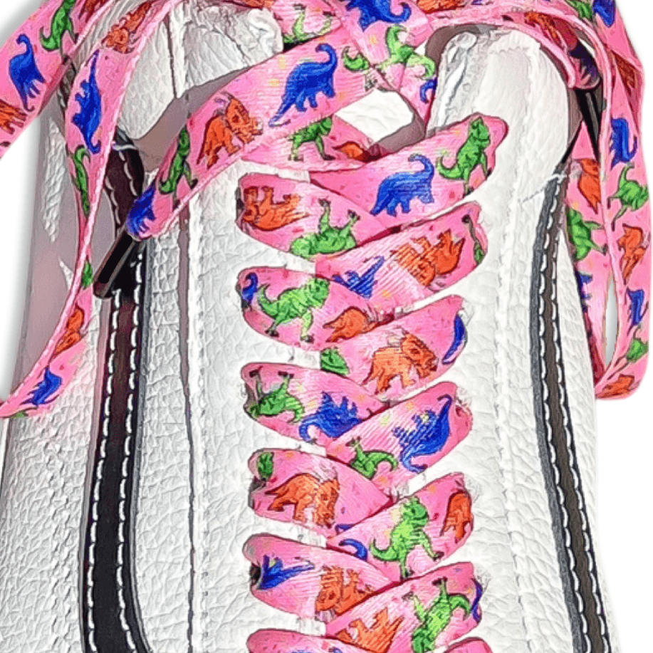 Pink Dinosaur Shoelaces | Flat Printed Shoelaces | 100% Recycled Materials | Adult & Kids Sizes