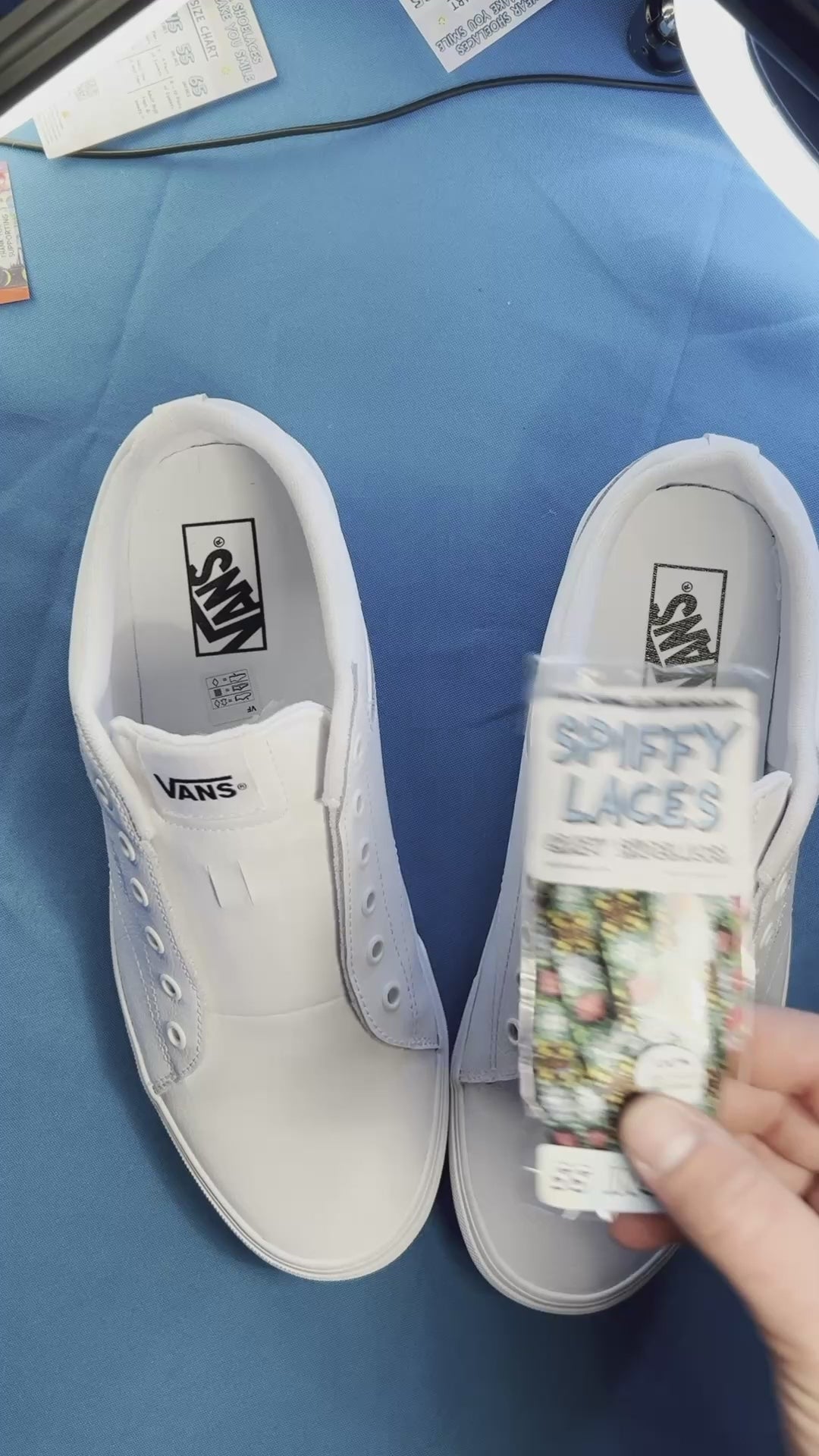 colorful crazy fun pattern shoelaces being laced up on a fresh pair of white sneakers