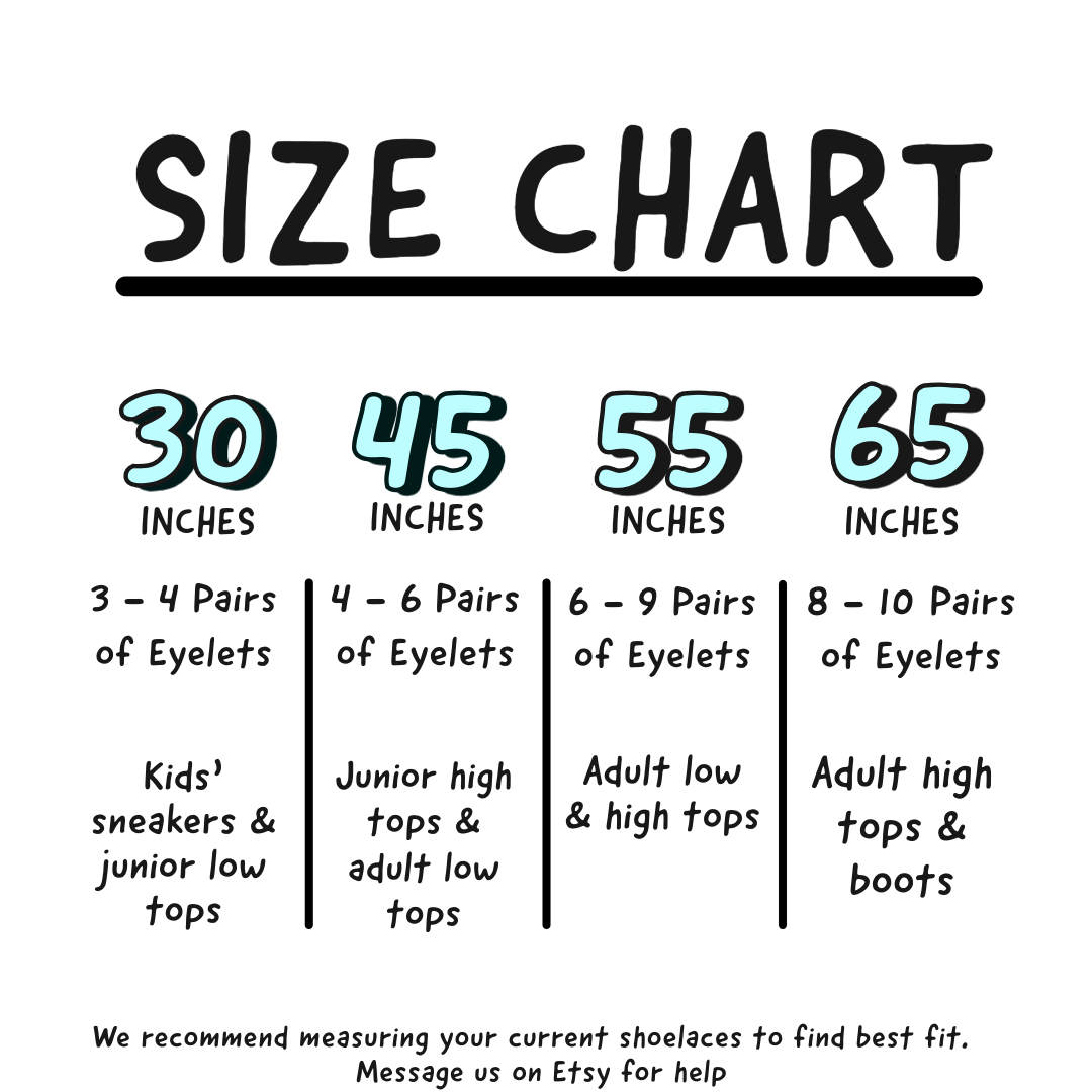 Size chart for eyelets with measurements and corresponding shoe types on a white background.