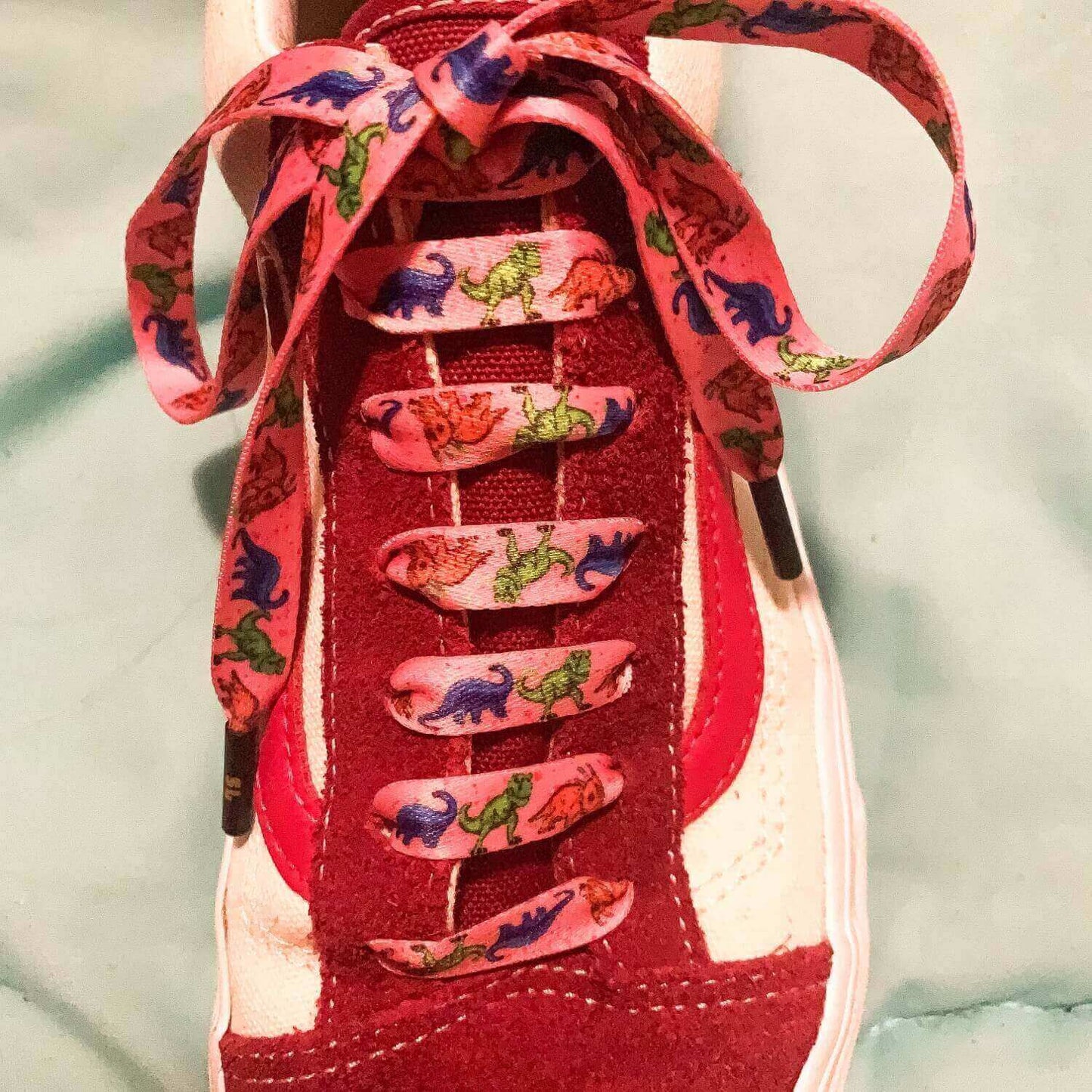 Pink Dinosaur Shoelaces | Flat Printed Shoelaces | 100% Recycled Materials | Adult & Kids Sizes