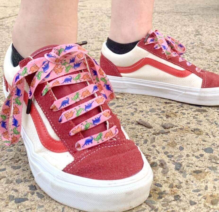 Pink Dinosaur Shoelaces | Flat Printed Shoelaces | 100% Recycled Materials | Adult & Kids Sizes