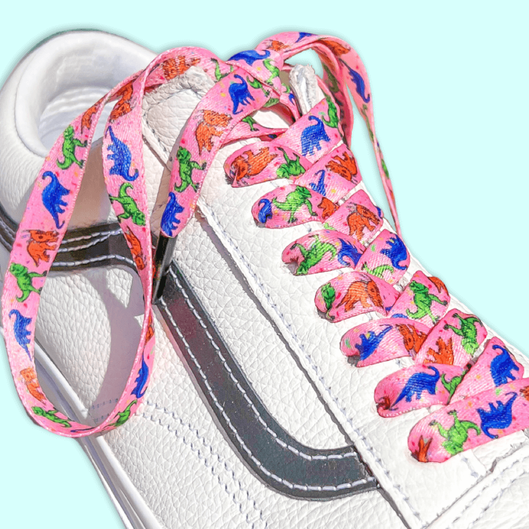 Pink Dinosaur Shoelaces | Flat Printed Shoelaces | 100% Recycled Materials | Adult & Kids Sizes